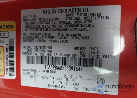 2015 Ford Mustang V6 из США, поврежденный, VIN 1FA6P8AM8F5391647